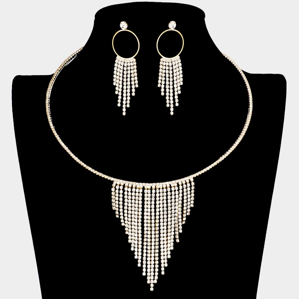 Gold Fringe Rhinestone Crystal Necklace Set Formal Fashion Jewelry